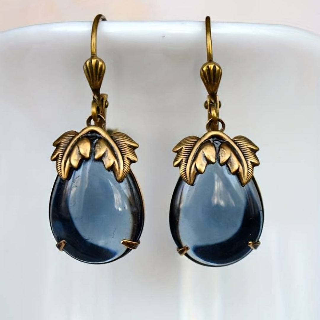 Vintage Blaue Kristalltropfen Gold Ohrringe