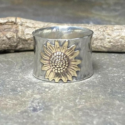 Goldene Sonnenblume Breite Band Ring