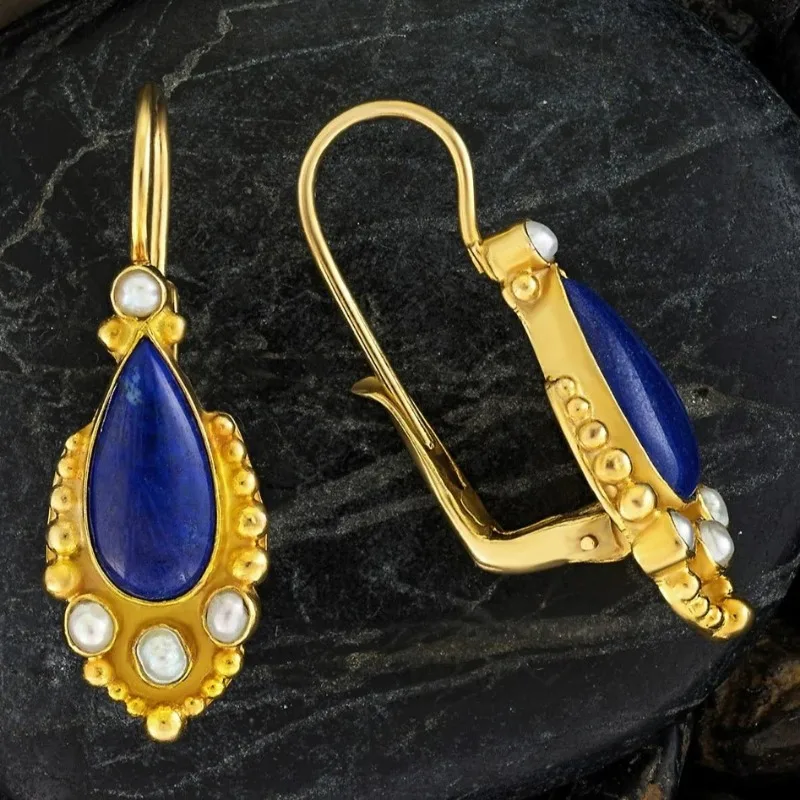 Blaue Vintage-Ohrringe in Gold mit Perlen